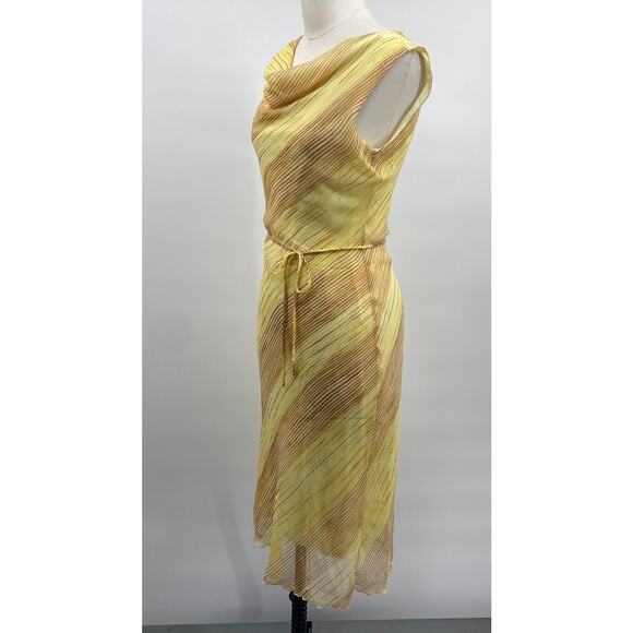 Vintage Y2k Bias Cut Cowl Neck Midi Dress Stripe Pattern Tie Waist Yellow Small - Picture 5 of 9